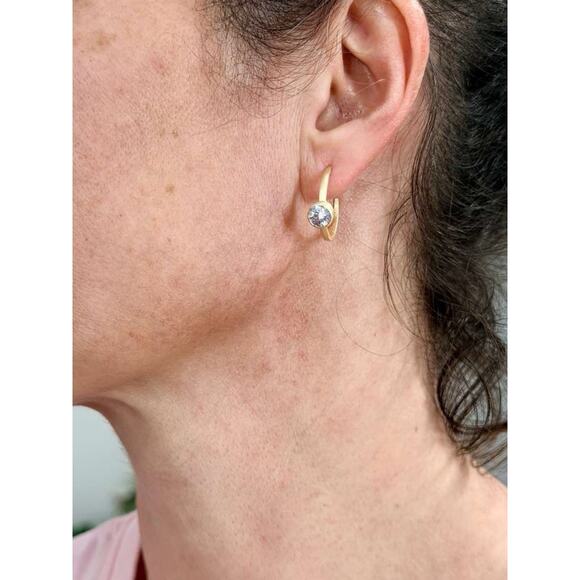 Gold Over 925 Sterling Silver Open Hoop CZ Earrings Solitaire Pushback - Picture 6 of 11